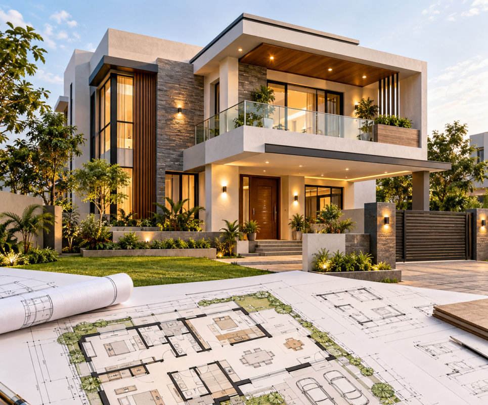 Modern two-storey house with floor plan drawings”, since that is what the picture shows.